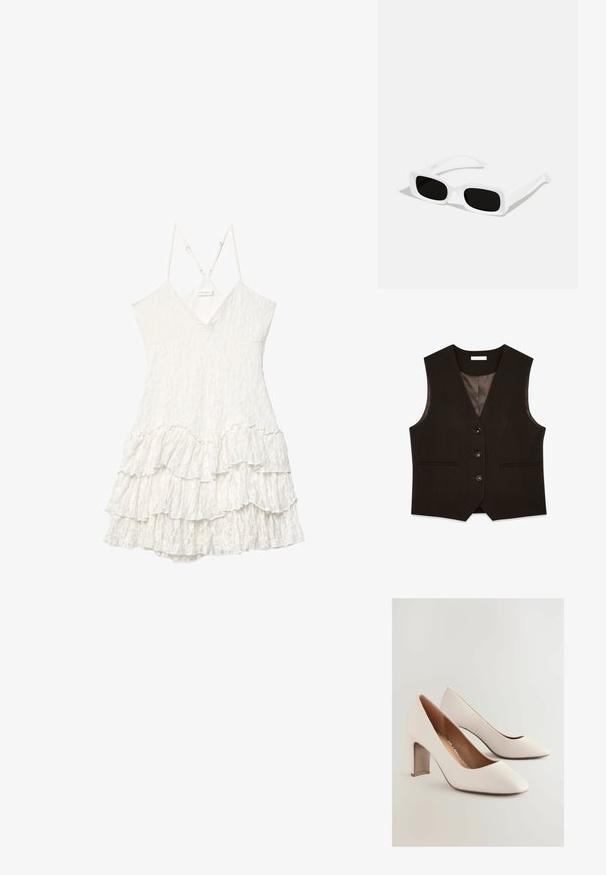 Gilet marron ajusté avec un col en V, devant à six boutons, deux poches et doublure en satin. Présente une coupe structurée et une texture lisse.; Robe en dentelle blanche sans manches avec décolleté en V, bretelles fines réglables et détail de jupe à volants superposés.; Chaussures à talons hauts en cuir blanc avec un embout pointu et un large talon carré. Surface texturée avec un intérieur lisse.; Lunettes de soleil rectangulaires blanches avec des verres noirs, présentant une finition mate et une texture lisse. Les branches sont élégantes et légèrement courbées.; Sac à main en cuir blanc présentant une forme incurvée, une bandoulière ajustable et une fermeture éclair sur le dessus. Texture lisse avec des détails matériels minimalistes.
