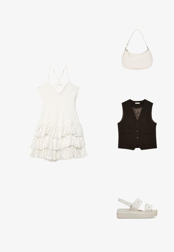 Brązowa kamizelka o dopasowanym kroju z dekoltem w kształcie litery V, sześcioma guzikami z przodu, dwiema kieszeniami i satynowym wykończeniem. Posiada strukturalny fason i gładką teksturę.; Biała koronkowa sukienka bez rękawów z dekoltem w kształcie V, regulowanymi cienkimi ramiączkami i warstwowym wykończeniem w falbanach.; Białe platformowe sandały z szerokimi paskami, wykonane z gładkiego materiału, z regulowanym paskiem z tyłu i wyraźną podeszwą. Minimalistyczny design.; Biała skórzana torebka o zaokrąglonym kształcie, z regulowanym paskiem oraz zamknięciu na górze na zamek błyskawiczny. Gładka faktura z minimalną ilością detali hardware.