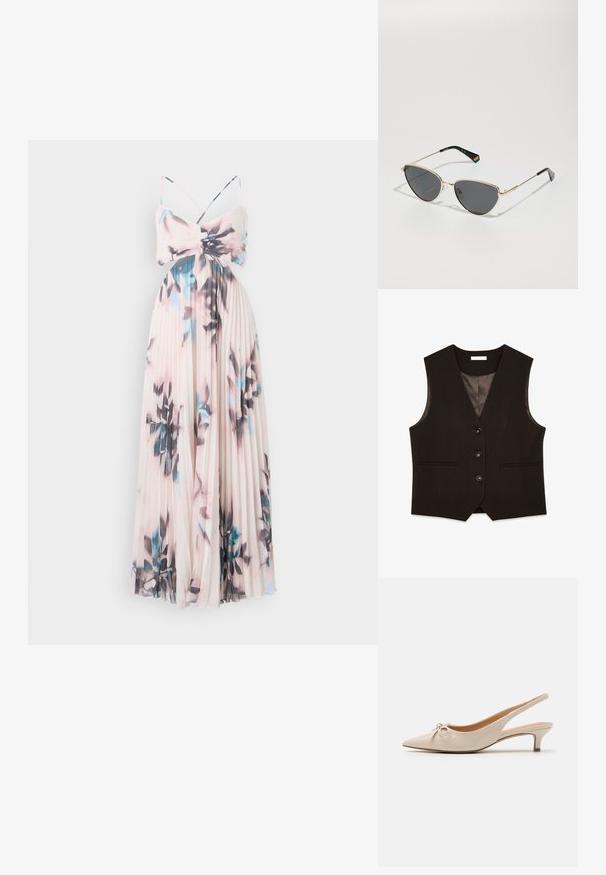Braun taillierte Weste mit V-Ausschnitt, sechs Knöpfen vorne, zwei Taschen und satinierter Fütterung. Sie bietet eine strukturierte Passform und eine glatte Textur.; Faltenmaxikleid in sanftem Rosa mit blauem und schwarzem Blumenmuster. Mit dünnen Trägern und einem taillierten Oberteil, das in einen fließenden Rock übergeht.; Beige Lackleder Slingbacks mit spitzer Zehenform und einer dekorativen Schleife auf dem Blatt. Verfügt über einen niedrigen, schlanken Absatz und eine glatte Textur.; Sonnenbrille mit goldmetallic Rahmen, dunklen Gläsern, Katzenaugenform und schwarzen Bügeln, die auf einer Seite mit einem Regenbogenakzent versehen sind.; Weiße Lederhandtasche mit gebogener Form, verstellbarem Trageriemen und Reißverschlussverschluss oben. Glatte Textur mit minimalen Hardware-Details.