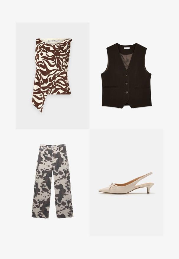 Bruine op maat gemaakte vest met een V-hals, een zes knopen voorkant, twee zakken en een satijnen voering. Kenmerkt zich door een gestructureerde pasvorm en een gladde textuur.; Bruine en crème mouwloze top in abstracte bladerenpatroon, met asymmetrische zoom, zachte textuurstof en een gedrapeerd detail op de schouder.; Wijd gesneden jeans in een beige kleur met een bruin koeienprintpatroon. Voorzien van een knoopsluiting en een design met vijf zakken. Gemaakt van denimstof.; Beige gepatineerde lederen slingback hakken met een spitse neus en een decoratieve strik op de wreef. Voorzien van een lage, slanke hak en een gladde textuur.