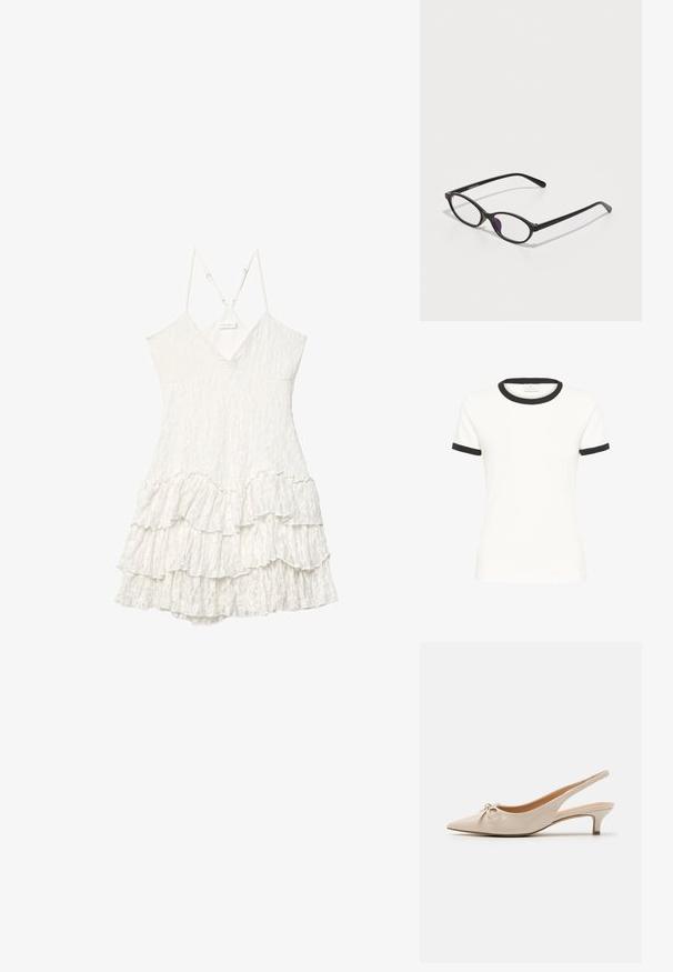 Gilet marron ajusté avec un col en V, devant à six boutons, deux poches et doublure en satin. Présente une coupe structurée et une texture lisse.; T-shirt en coton blanc avec un col et des poignets de manches noirs. Manches courtes, coupe classique, texture lisse et sans motifs visibles.; Robe en dentelle blanche sans manches avec décolleté en V, bretelles fines réglables et détail de jupe à volants superposés.; Escarpins slingback en cuir verni beige avec un bout pointu et un nœud décoratif sur le devant. Comprennent un talon bas et fin ainsi qu'une texture lisse.; Lunettes en plastique noir avec une forme ovale, dotées de verres transparents et d'un accent violet sur le verre gauche. Design élégant et minimal.