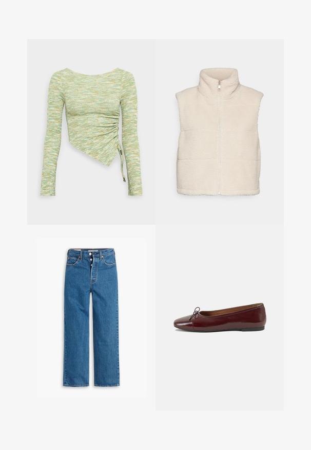 Gilet in felpa color crema con colletto alto e zip frontale, caratterizzato da una superficie testurizzata e cuciture a contrasto. Design senza maniche.; Maglietta a maniche lunghe in tessuto testurizzato verde menta e giallo, caratterizzata da un taglio asimmetrico con arricciature laterali e lacci all'orlo.; Jeans in denim blu con gamba dritta e vita alta, design a cinque tasche e chiusura con bottoni. Cuciture evidenti e rivetti di tonalità rame.; Ballerine in pelle verniciata bordeaux con punta arrotondata, piccolo fiocco decorativo sulla parte anteriore e suola bassa in gomma nera. Texture liscia.