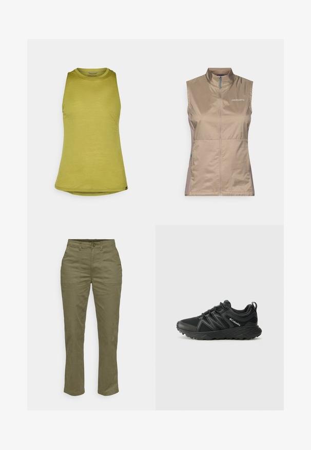Tan brezrokavnik z visokim ovratnikom, z sprednjim zipperskim zapiranjem in modrimi detajli. Narejen iz lahkega, gladkega materiala. Prikazan logotip Patagonia.; Olivno zelena brezrokavna majica z zaobljenim ovratnikom, izdelana iz gladkega materiala, srahlo sproščenim krojem in zaobljenim robom.; Olivno zeleni bombažni hlače s ravnim rezom, opremljene z zapiranjem na gumb spredaj, dvema stranskima žepoma in ojačanimi šivi.; Columbia PEAKFREAK - Pohodniški čevlji - black