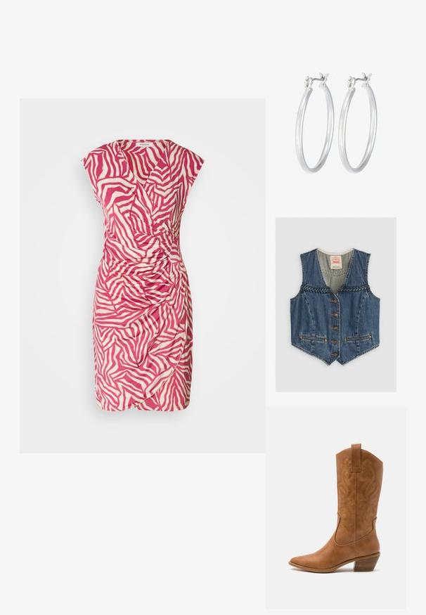 Denimweste mit V-Ausschnitt, geflochtenen Details, sechs Metallknöpfen und zwei Fronttaschen. Blaue Farbe mit orangen Nähten.; Rosa und cremefarbener Zebra-Print-Kleid mit Wickeldesign, kurzen Ärmeln und gerafftem Detail an der Seite. Aus leichtem Stoff gefertigt.; Braune Leder-Cowboy-Stiefel mit spitzem Zehenbereich, bestickten Wirbelmustern am Schaft und einem gestapelten Blockabsatz. Verfügt über einen Ziehriemen für das einfache Anziehen.; Silberne Creolen mit einer glatten, polierten Oberfläche. Runder Form und sicherem Klickverschluss. Leichtes Design, geeignet für den täglichen Gebrauch.