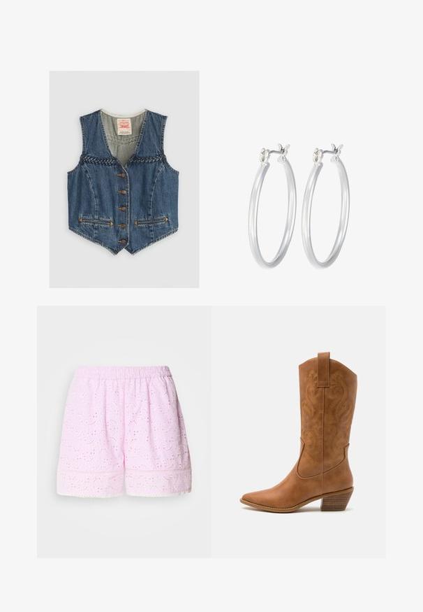 Denims veste ar V veida kakla izgriezumu, pītas detaļas, sešām metāla pogām un divām priekšējām kabatām. Zila krāsa ar oranžām šuvēm.; Balts īsais tops, izgatavots no mīksta, teksturēta auduma. Tam ir apaļa kakla izgriezums un bez piedurknēm, ar mazu zelta Nike logotipu priekšā.; Rozā kokvilnas šorti ar izšūtu ziedu dizainu, elastīgu vidukli un mežģīņu apdari apmalē. Viegls un elpojošs audums.; Brūni ādas kovboju zābaks ar norādītu purngalu, izšūtām viļņveida apakšējo detaļu un sakrautajiem blokiem. Iezīmēts ar velkšanas cilpu ērtai uzvilkšanai.; Sudraba riņķveida auss gredzeni ar gludu, pulētu apdari. Apaļa forma un drošs klikšķa augšējais slēgums. Viegls dizains, kas piemērots ikdienas valkāšanai.