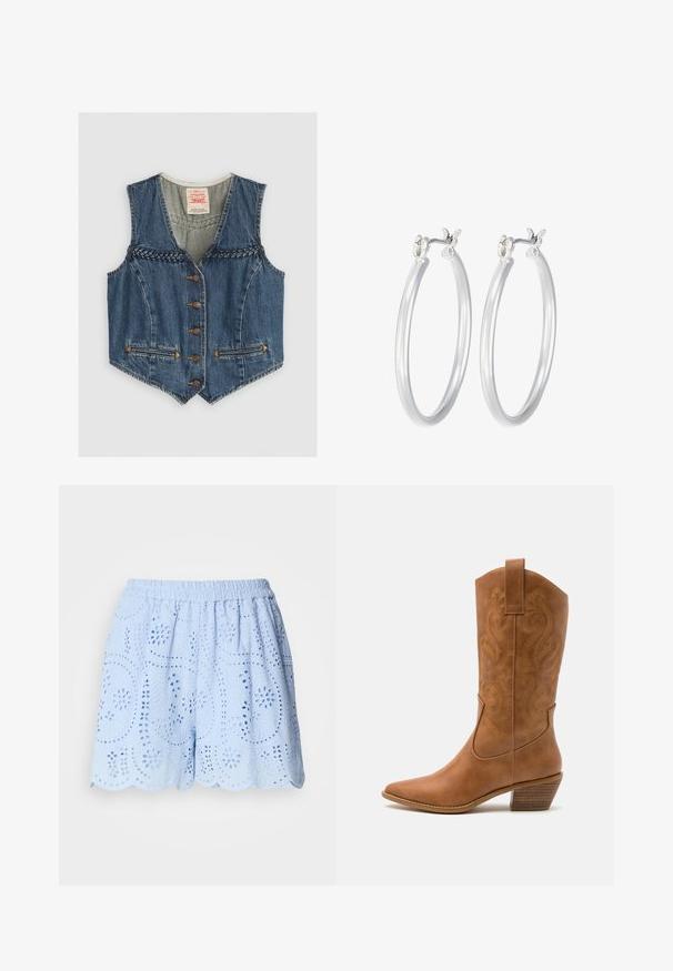 Jeans prsnica z V-izrezom, pletenimi detajli, šestim kovinskimi gumbi in dvema sprednjima žepoma. Modra barva z oranžnimi šivi.; Bela kratka majica iz nežne, teksturirane tkanine. Ima okroglo ovratnik in brezrokavni dizajn z majhnim zlatim logotipom Nike spredaj.; Svetlo modri, bombažni šortzi z izvezenimi izrezanimi vzorci, elastičnim pasom in valovitim robom. Imajo cvetlične in listnate vzorce.; Rjavi usnjeni kauboj čevlji s koničastim nosom, vezenimi vijugastimi vzorci na zgornjem delu in zloženim kvadratnim peto. Imajo zanko za enostavno obuvanje.; Srebrni obroči za ušesa z gladko, polirano površino. Okrogla oblika in varna zaponka s klikom. Lahka zasnova, primerna za vsakodnevno nošenje.