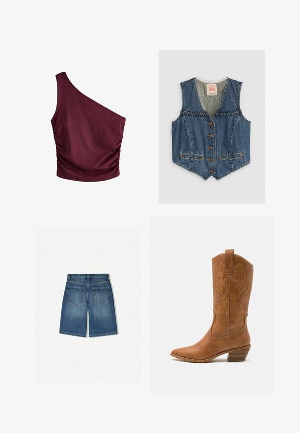 Denim vest with a V-neckline, braided detailing, six metal buttons, and two front pockets. Blue color with orange stitching accents.; Burgundy one-shoulder top with gathered side detail. Made of smooth fabric, featuring a fitted shape and minimalistic design.; Denim shorts in medium blue with a relaxed fit, featuring two back pockets and a clean, straight hem. Classic five-pocket design.; Tan leather cowboy boot with pointed toe, embroidered swirl patterns on shaft, and a stacked block heel. Features a pull tab for easy wear.