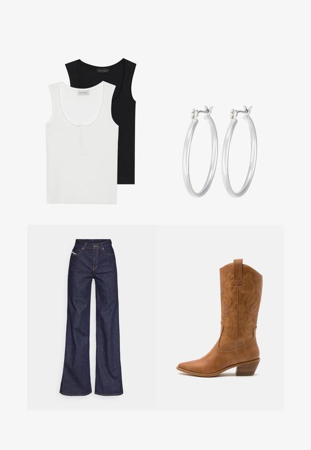Denimweste mit V-Ausschnitt, geflochtenen Details, sechs Metallknöpfen und zwei Fronttaschen. Blaue Farbe mit orangen Nähten.; Zwei gerippte Tanktops in Schwarz und Weiß. Das weiße Top hat einen runden Ausschnitt und eine Dreiknopf-Leiste; beide haben breite Schulterträger.; Dunkelblaue weite Jeans aus Denimstoff mit hoher Taille, ausgestattet mit orangefarbenen Nähten, fünf Taschen und einem Knopfverschluss.; Braune Leder-Cowboy-Stiefel mit spitzem Zehenbereich, bestickten Wirbelmustern am Schaft und einem gestapelten Blockabsatz. Verfügt über einen Ziehriemen für das einfache Anziehen.; Silberne Creolen mit einer glatten, polierten Oberfläche. Runder Form und sicherem Klickverschluss. Leichtes Design, geeignet für den täglichen Gebrauch.