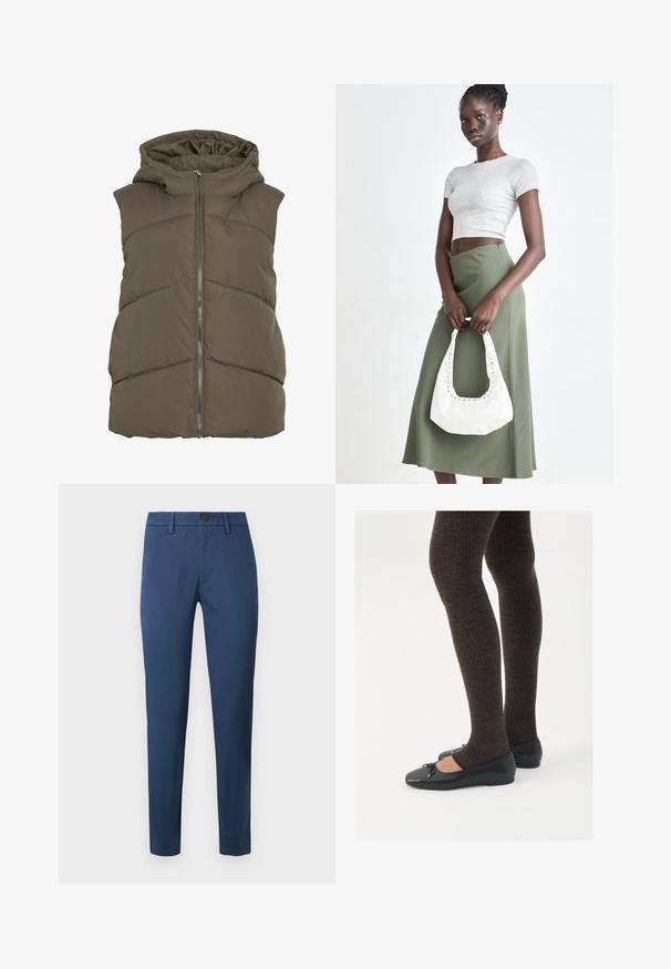 Padded vest in dark olive green with a hood. Features horizontal quilted panels and a front zipper closure. Soft, smooth texture.; Navy and light gray knitted sweater with wave pattern, floral design in pink and black, round neck, ribbed cuffs and hem.; Blue cotton chinos with a slim fit, featuring a button closure, belt loops, and standard pockets, smooth texture, and clean lines.; Black flat shoes with a small bow detail at the toe, paired with dark brown ribbed tights. Shoes have a smooth texture and low profile.; Gray ribbed crop top and olive green high-waisted skirt. Model holds a white shoulder bag with cut-out detailing. Simple design, fitted silhouette.
