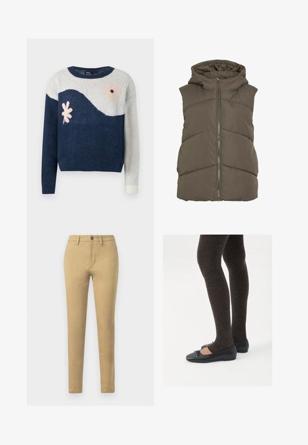 Veste matelassée rembourrée de couleur vert olive foncé avec capuche. Comprend des panneaux matelassés horizontaux et une fermeture zippée à l'avant. Texture douce et lisse.; Pull en tricot bleu marine et gris clair avec motif en vagues, design floral en rose et noir, col rond, poignets et ourlet côtelés.; Chinos kaki en tissu en mélange de coton, à coupe slim, avec passants de ceinture, poches avant et fermeture à un bouton.; Chaussures plates noires avec un petit nœud au niveau des orteils, associées à des collants côtelés marron foncé. Les chaussures ont une texture lisse et un profil bas.