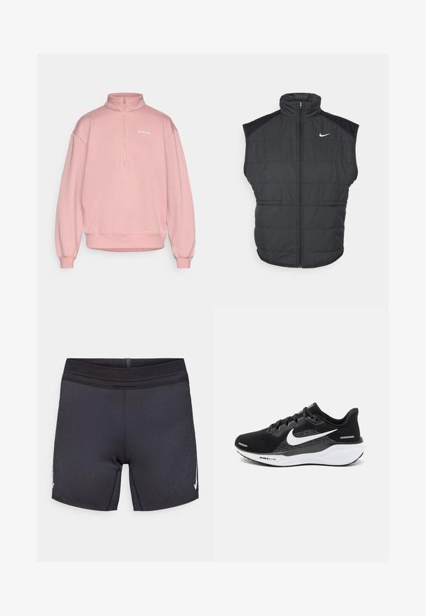 Svart pufferväst med hög krage, dragkedja fram och sidofickor. Har en Nike-logga på vänster bröst och en kviltad textur.; Ljusrosa sweatshirt med hög krage och halvdragkedja. Har långa, något puffiga ärmar och ribbad fåll. Columbia-logotyp på bröstet.; Svarta atletiska shorts gjorda av elastiskt tyg med en slät textur, med en förstärkt midja och en vit logotyp på sidan.; Svart atletisk sko med ett överdel av nät, en vit Nike swoosh och en vit dämpad sula med texturerade detaljer.
