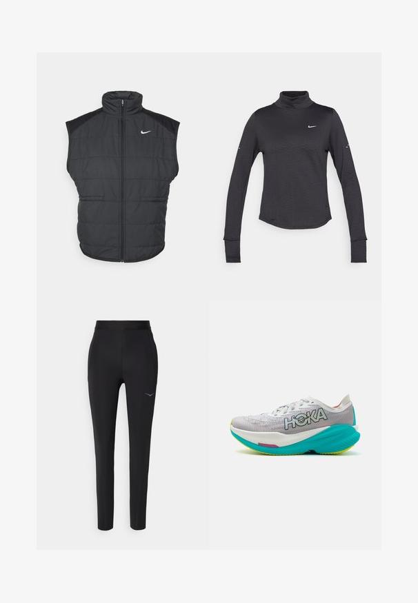 Zwarte puffer gilet met een hoge kraag, ritssluiting aan de voorkant en zijzakken. Beschikt over een Nike-logo op de linkerborst en een gequilt textuur.; Zwarte langemouwen turtleneck shirt met een subtiel textuurpatroon, voorzien van een klein wit Nike-logo op de borst en duimgaten in de manchetten.; Zwarte sportbroek gemaakt van rekbaar materiaal, met een aansluitend ontwerp, elastische tailleband en een subtiele logo-detail nabij de heup.; Hardloopschoenen met een witte en grijze ademende mesh bovenkant, heldere turquoise zool en HOKA merknaam. Beschikt over een gevoerd ontwerp met accenten.