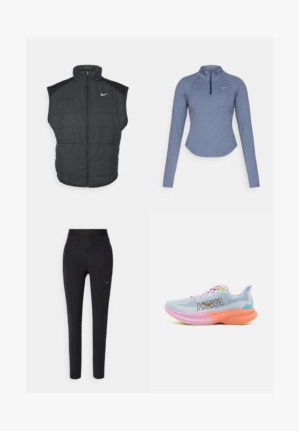 Czarna kurtka puchowa bez rękawów z wysokim kołnierzem, zamkiem błyskawicznym z przodu i kieszeniami po bokach. Posiada logo Nike po lewej stronie klatki piersiowej oraz pikowaną strukturę.; Długi rękaw, sportowa bluzka na zamek w melanżowym niebieskim kolorze z półwysokim kołnierzem i subtelnym logo Nike na lewej piersi.; Czarne spodnie sportowe wykonane z elastycznego materiału, o dopasowanym kroju, z elastycznym pasem i subtelnym logo na wysokości biodra.; HOKA MACH 6 jasnoniebieski