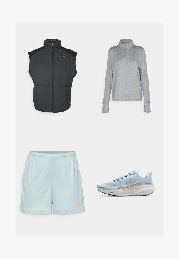 Zwarte puffer gilet met een hoge kraag, ritssluiting aan de voorkant en zijzakken. Beschikt over een Nike-logo op de linkerborst en een gequilt textuur.; Nike Performance SWIFT - Longsleeve - smoke grey; Lichtblauwe sportshorts met een elastische tailleband, voorzien van een roze Nike-logo aan de zijkant en een mesh-textuur aan de zoom.; Lichtblauwe sneaker met bovenwerk van mesh, contrasterende roze accenten, zwarte buitenzool en Nike-logo; beschikt over een gevoerde zool voor ondersteuning.