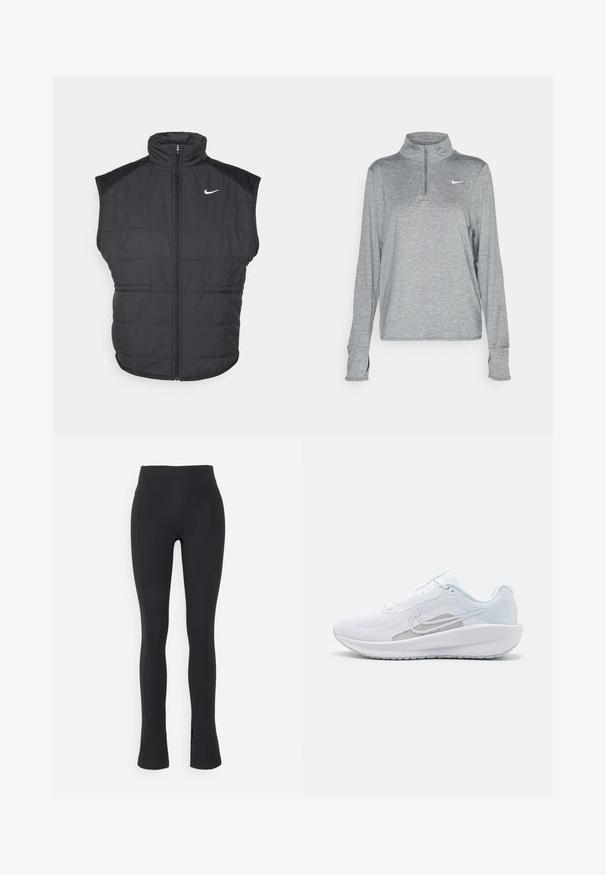 Zwarte puffer gilet met een hoge kraag, ritssluiting aan de voorkant en zijzakken. Beschikt over een Nike-logo op de linkerborst en een gequilt textuur.; Nike Performance SWIFT - Longsleeve - smoke grey; Nike Performance ONE SPLIT HEM - Tights - black; Witte sportieve schoen met een bovenwerk van mesh, ronde neus en een textuurzool. Beschikt over een zilveren Nike swoosh en een minimalistisch ontwerp.