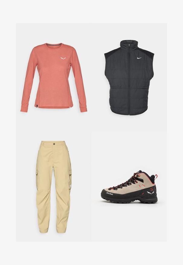 Gilet imbottito nero con colletto alto, chiusura con zip e tasche laterali. Presenta il logo Nike sul lato sinistro del petto e una texture trapuntata.; Camicia a maniche lunghe di un leggero corallo, realizzata in tessuto morbido, con scollo rotondo e un piccolo logo bianco sul petto. Fessure laterali all'orlo.; The North Face EXPLORATION CARGO PANTS - Pantaloni outdoor - khaki stone; Scarponi da trekking da uomo con tomaia in suede beige, suola in gomma nera, dettagli rossi e design con lacci per una vestibilità sicura.