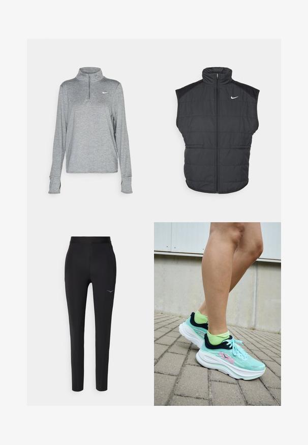 Sort puffer vest med høj krave, lynlås foran og sidelommer. Har et Nike-logo på venstre bryst og en quiltet overflade.; Nike Performance SWIFT - Langærmet T-shirt - smoke grey; Sorte atletiske bukser lavet af strækbart stof, med en tætsiddende design, elastisk talje og en diskret logo-detail nær hoften.; HOKA sneakers i lys blå med mørkeblå detaljer og pink logo; mesh-overdel og tyk hvid sål; parret med lysegrønne sokker.