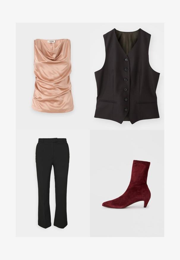 Tmavě hnědá bezrukávová vesta s výstřihem do V, šesti knoflíkovými uzávěry a dvěma bočními kapsami. Vyrobena z hladkého materiálu s klasickým střihem.; Top bez rukávů s kápí, vyrobený z jemné blush saténové tkaniny, s nařasenými detaily po stranách a rovním lemem. Obsahuje zip na zádech.; Černé kalhoty na míru se střihovým designem rovného nohavice, mají poutka na opasek a boční kapsy. Vyrobené z hladké tkaniny s čistým zakončením.; Burgundské sukně kotníkové boty s špičatou špičkou a nízkým podpatkem. Hladký povrch a elegantní design bez viditelného kování nebo vzorů.