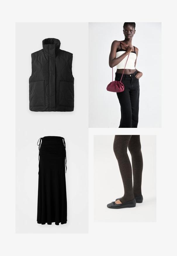 Melna kviltota bezpiedurkņu veste ar augstu apkakli, priekšējiem kabatām un noslēptu priekšējo rāvējslēdzēju uz baltas fona.; Melnais garais piedurkņu turtleneck krekls. Mīksta auduma, pieguļošs dizains, augsts apkakle un sānu šuves. Vienkāršs un daudzpusīgs stils, piemērots slāņošanai.; Melna, potītes garuma kleita, izgatavota no mīkstas, elastīgas auduma, ar savilktu krūšu daļu un regulējamām saitēm sānos, radot plūstošu siluetu.; Melnas plakano formas kurpes ar mazu loku uz pirksta, apvienotas ar tumši brūnām ribotām zeķubiksēm. Kurpēm ir gluda tekstūra un zems profils.; Burgundijas mīkstas auduma soma ar sakoptu dizainu un garu siksnu, nēsāta uz krūšu. Modelis valkā baltu piegriezuma topu un melnas džinsus.