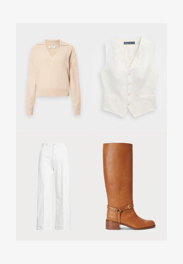 Baltos lino liemenės su prigludusia forma, dekoruotos įpjovimu kaklu, penkių mygtukų užsegimu ir dviem priekinėmis kišenėmis. Paprasto audinio, be raštų.; Kremo spalvos megztinis su tekstūriniu deimantiniu raštu, V formos iškirpte ir apykakle. Savybės: raukšlėti rankogaliai ir apatinė dalis, su prekės ženklu apačioje.; Balti platūs kelnės su aukštu juosmeniu, su mygtuko uždarymu ir subtiliu siuvimo akcentu. Pagamintos iš medvilnės su glotnia tekstūra.; Aukštos rudos odinės botai su lygiu paviršiumi, su šoniniu dirželiu ir sukrauta pakulne. Viršus turi švarų, nenukraštotą dizainą.