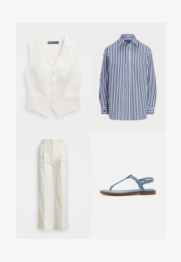 White linen vest with a fitted design, featuring a notched collar, five-button closure, and two front pockets. Plain texture, no patterns.; Striped shirt featuring vertical navy and white lines, a button-up front, and a classic collar. Long sleeves with button cuffs.; White tailored pants featuring a high waist, double front pleats, and wide legs with folded cuffs. Made from a smooth, textured fabric.; Blue leather thong sandal with a flat sole, featuring a slim strap design and a buckle closure at the ankle for secure fit.
