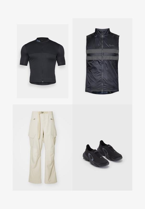 Melna bez piedurknēm veste, izgatavota no viegla, ūdensizturīga materiāla. Iezīmes atstarojošas pelēkas svītras un pilna priekšējā rāvējslēdzējs.; Melna riteņbraukšanas krekls, kas izgatavots no elastīga auduma, ar īsām piedurknēm, pusi rāvējslēdzēja priekšpusē un smalku ribotu tekstūru, uz apkakles ir logotips.; Bēši kravas bikses ar platām kājām, jostu viduklī, divām sānu kabatām un ceļa ieliktņiem. Gluda tekstūra ar pastiprinātiem šuvju elementiem.; Melnas apavu kedas bez aizdare ar teksturētu augšdaļu un gumijas zoli. Iekļauts pelēks apļa akcentu un elastīga josla pāri instepam, lai nodrošinātu labāku fit.