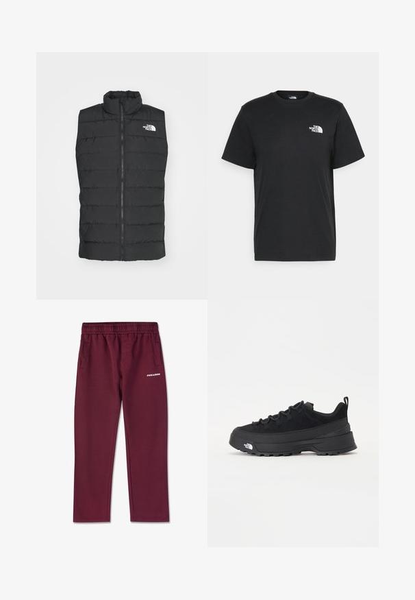 Čierna vypchávkovaná vesta s vysokým golierom, zipsovým uzatváraním, prešívaným dizajnom a podpisovým logom na hrudi, ktorá vykazuje hladkú, matnú textúru.; Čierne bavlnené tričko s krátkymi rukávmi, klasickým výstrihom a malým bielym logom na ľavej hrudi. Jednoduchý dizajn, hladká textúra a voľný strih.; Bordové tepláky z mäkkého materiálu s elastickým pásom, dvoma bočnými vreckami a bielym logom PEGAEXPOR na prednej strane.; Čierne vonkajšie tenisky so zvrškom z semišu, štruktúrovanou gumovou podrážkou a pevným šnurovaním. Obsahujú vystužený opätok a logo značky na boku.