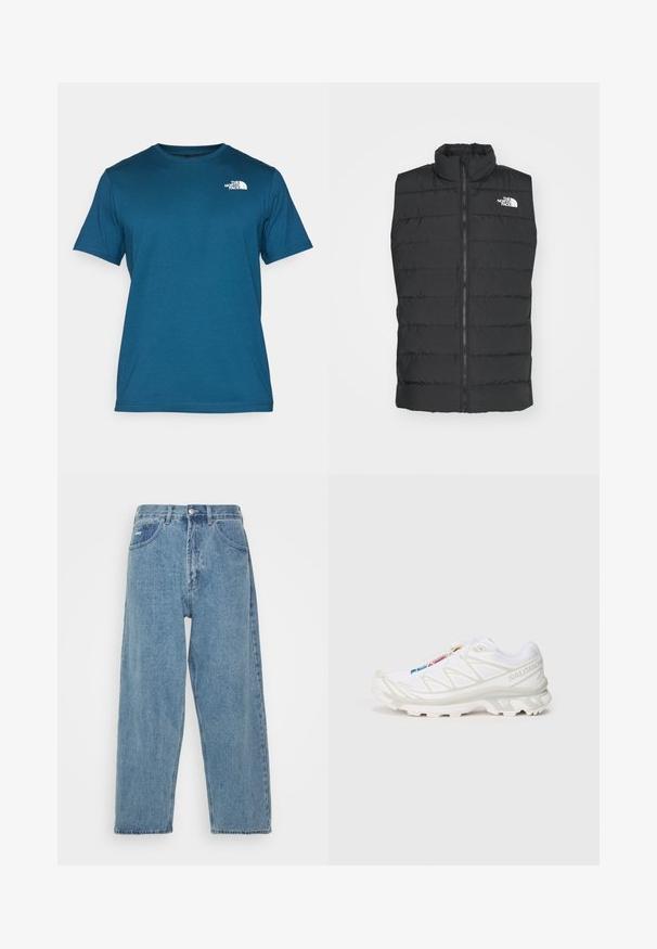 Black padded vest with high collar, zip closure, quilted design, and signature logo on the chest, showcasing a smooth, matte texture.; The North Face M SS BOX NSE TEE - Print T-shirt - midnight petrol/red; Light blue denim jeans with a high-waist, relaxed fit, featuring two front pockets, a back patch pocket, and a button closure.; White athletic shoe with textured mesh upper, reflective accents, and a cushioned sole. Notable brand logo on the side.