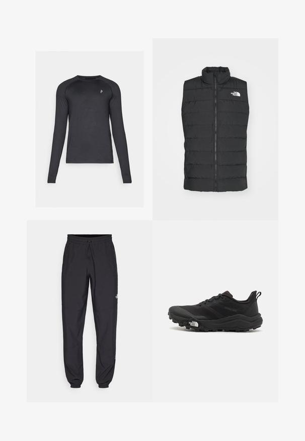 Must have musta krae pehmendus, kõrge kaelusega, lukuga sulgemine, tikitud disain ja allkirja logo rinnal, näidates sujuvat, mati tekstuuri.; Peak Performance SPIRIT CREW - Pikkade varrukatega topp - black; Mustavad sportlikud püksid, mis on valmistatud kergest kangast, joonlauaga taljest, küljetaskudega ja kitsenevate varrukatega pahkluude juures.; Must tume jooksujalats musta värvi, tekstuurse ülemise osaga, kummist tallaga ja tugevdatud varbaga. Omab pehmendusega krae ja tõmblinti mugavaks selga panemiseks.