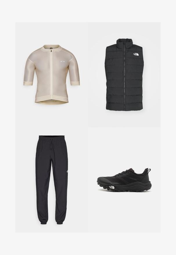 Černá vyteplená vesta s vysokým límcem, zapínáním na zip, prošívaným designem a podpisovým logem na hrudi, která se vyznačuje hladkou, matnou texturou.; Beige cyklistický dres s krátkým rukávem, předním zipem, síťovou texturou a malým bílým logem na levé hrudi.; Černé sportovní kalhoty vyrobené z lehké tkaniny, s páskem na šňůrku, bočními kapsami a zúženými manžetami na kotnících.; Černé trailové běžecké boty s texturovaným svrškem, gumovou podrážkou a vyztuženou špičkou. Obsahují polstrovaný límec a poutko pro snadné obouvání.
