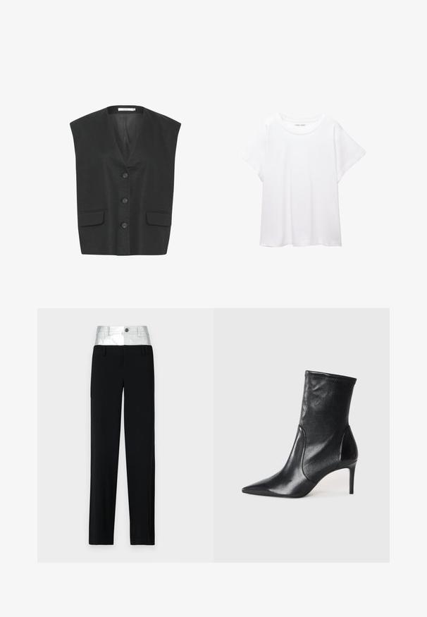 Fekete ujjatlan mellény V-nyakkal, öt gombbal és két elülső zsebbel. Az anyag finom textúrájú és igényes kialakítású.; Fehér póló, puha, könnyű anyagból készült. Kerek nyakú, rövid, széles ujjaival és laza szabásával rendelkezik. Nincsenek látható minták.; Fekete nadrág fényes ezüst derékkal. Gombos záródással és négy zsebbel rendelkezik, testre szabott fitneszes és egyenes szárú kialakítással.; Fekete bokacsizmák sima bőrből, hegyes orral, illeszkedő sínnel és karcsú, magas sarokkal. Minimalista dizájn, amelyen nincs látható fém munka.