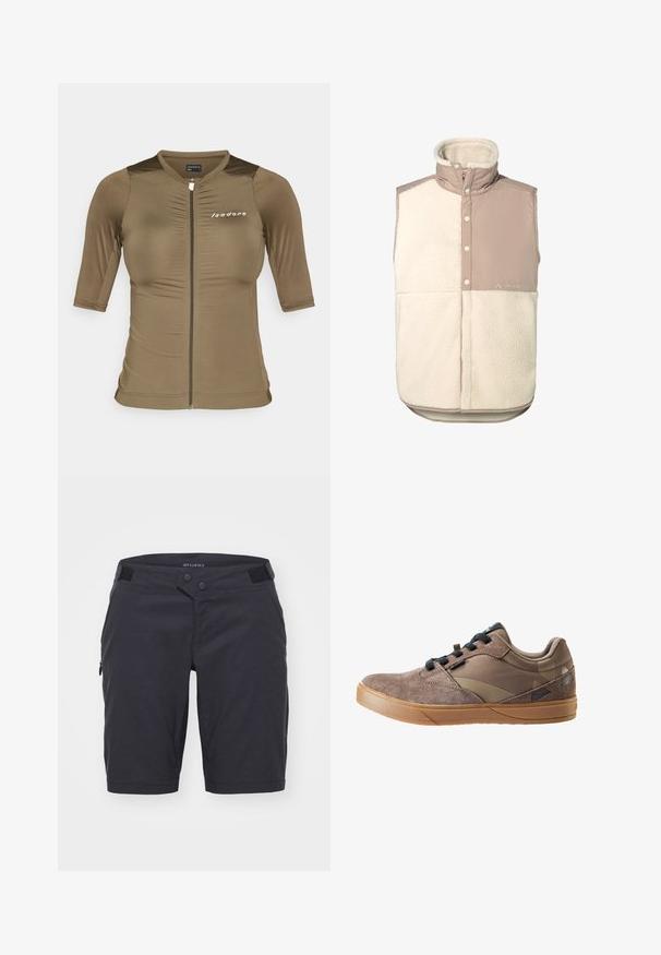 Gilet sans manches beige avec un devant en polaire crème doux et texturé, et un dos en tissu lisse ; il est doté d'un col haut et de boutons pression.; Maillot de cyclisme à manches courtes en vert olive, avec un zip à l'avant, un tissu texturé et un logo sur la poitrine. Design ajusté.; Shorts gris foncé en tissu léger. Dotés de deux boutons à la taille, d'une poche zippée sur le côté et d'une texture douce.; Vaude AM MOAB GRAVITY - Chaussures de cyclisme - coconut