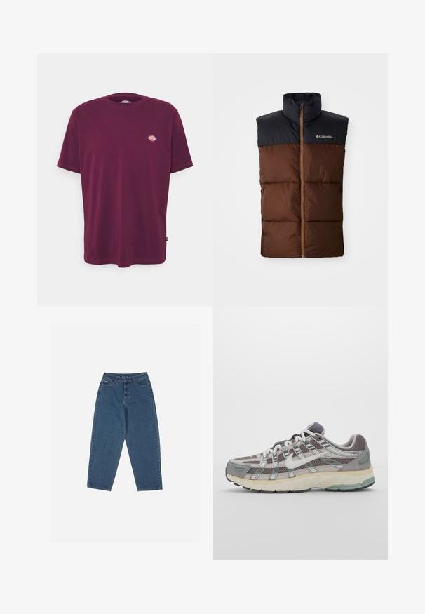Brown puffer vest with a high collar, dark blue shoulder section, zip front closure, and quilted texture across the body. Columbia logo present.; Light green pullover hoodie with kangaroo pocket, drawstrings, ribbed cuffs, and small yellow "Dickies" logo on the chest.; Burgundy cotton t-shirt with a crew neck, short sleeves, and a small multi-colored logo on the chest. Smooth texture, standard fit.; Blue denim jeans with a relaxed fit, high waist, five-pocket design, and stitching accents. Features a button and zipper closure.; Gray athletic shoe featuring a mesh and suede upper, white accents, a cushioned sole, and a distinctive design with reflective elements.