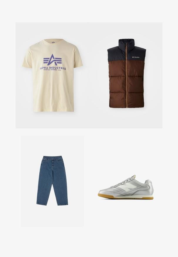 Hnedá páperová vesta s vysokým golierom, tmavomodrou časťou na pleciach, predným zipsom a prešívanou textúrou po celom tele. Prítomné logo Columbia.; Béžové bavlnené tričko s okrúhlym výstrihom, s fialovým grafickým logom a textom "ALPHA INDUSTRIES, KNOXVILLE, TENNESSEE, U.S.A."; Modré džínsy s uvoľneným strihom, vysokým pásom, dizajnom s piatimi vreckami a kontrastným prešívaním. Obsahujú zapínanie na gombík a zips.; Strieborná atletická topánka s hladkým, lesklým povrchom, bielym logom na boku, štruktúrovanými šedými šnúrkami a gumovou podrážkou.
