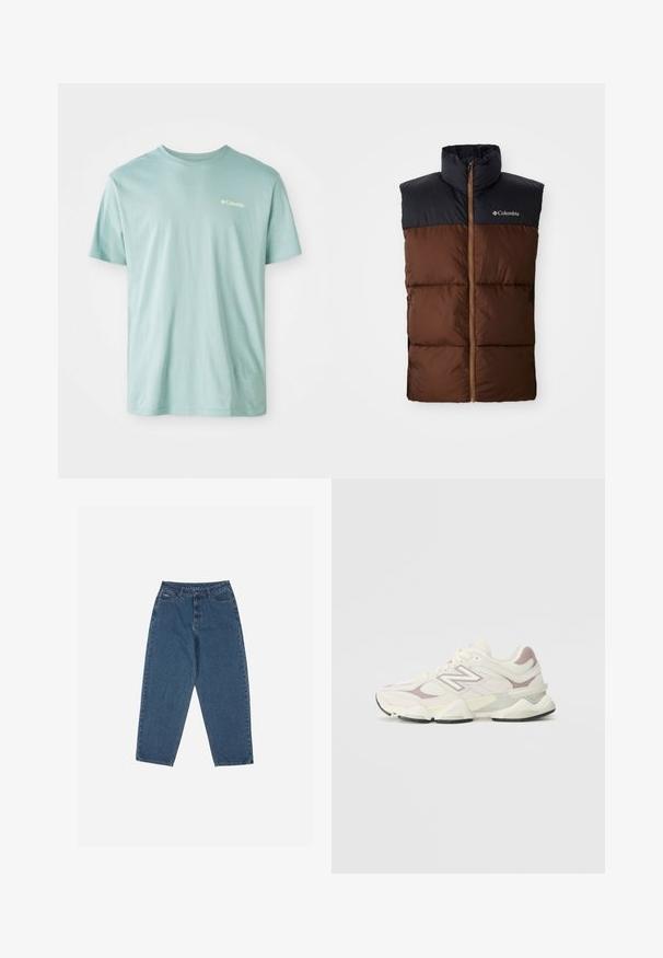 Rudas pūkinis liemenė su aukštu apykakle, tamsiai mėlyna pečių dalis, užtrauktuko priekinis uždarymas ir siuvinėta tekstūra per visą kūną. Yra "Columbia" logotipas.; Šviesiai mėlyna medvilninė trumpasleeve marškinėliai su apvaliu iškirpimu ir maža balta logotipu ant krūtinės. Minkšta tekstūra, laisvalaikio stilius.; Mėlyni džinsai su laisvu siluetu, aukštu juosmeniu, penkių kišenių dizainu ir siuvinio akcentais. Su mygtuku ir užtrauktuku.; Balti ir šviesiai pilki sportiniai sneakeriai, turintys tinklinį ir sintetinį viršų, paminkštintą apykaklę, tekstūruotus akcentus ir storą gumos pado sluoksnį.