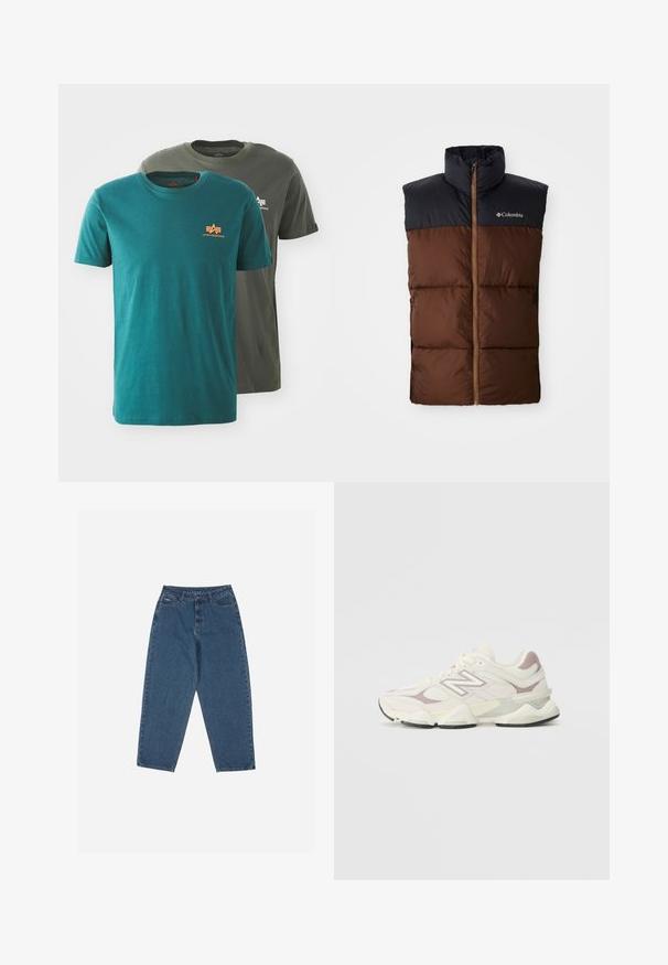 Barna púdermellény magas gallérral, sötétkék vállrésszel, cipzáros előlappal és steppelt mintázattal a testen. Columbia logó jelen van.; Két rövid ujjú póló: az egyik türkizkék narancssárga logóval, a másik olajzöld fehér logóval. Mindkettő normál környakú és puha anyagú.; Kék farmernadrág, laza szabással, magas derékkal, öt zsebes kialakítással és varrási díszítésekkel. Gombos és cipzáros záródással rendelkezik.; Fehér és világosszürke sportcipő, hálós és szintetikus felsőrésszel, párnázott bokarésszel, texturált részletekkel és vastag gumitalppal.