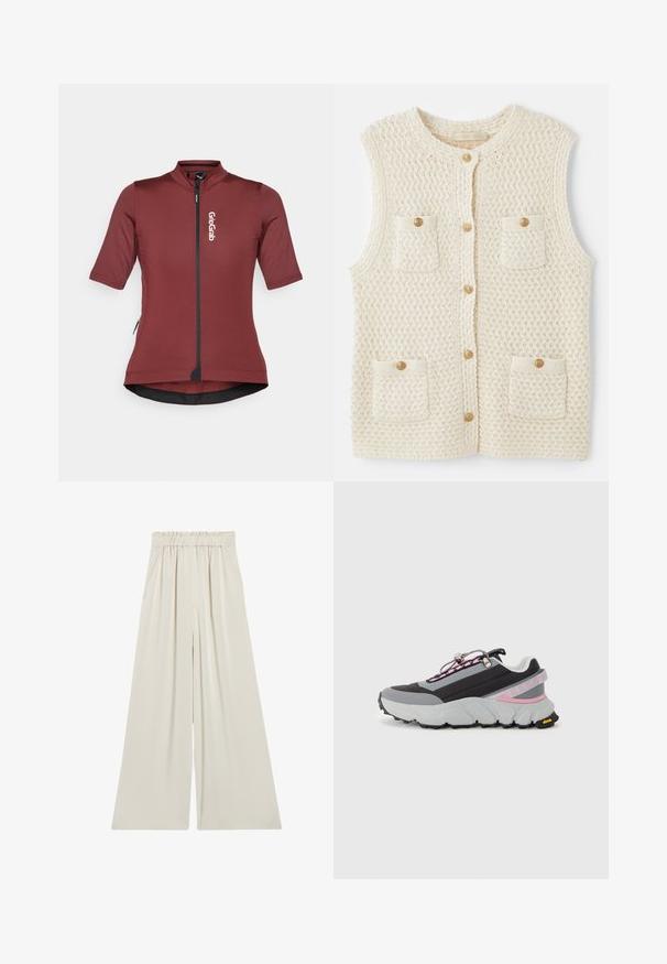 Vanessa Bruno ELISABETH - Mellény - ecru; Rövid ujjú kerékpáros mez mély bordó színben, elöl cipzárral, logó részlettel, és testhezálló kialakítással, ívelt aljjal.; Bő szárú, puha bézs szövetből készült nadrág, rugalmas derékkal, oldalsó zsebekkel és sima, eséses textúrával.; Sportcipő fekete és szürke felsőrésszel, strukturált hálós anyaggal, élénk rózsaszín kiegészítőkkel, vastag talppal és fényvisszaverő elemekkel a biztos illeszkedés érdekében.