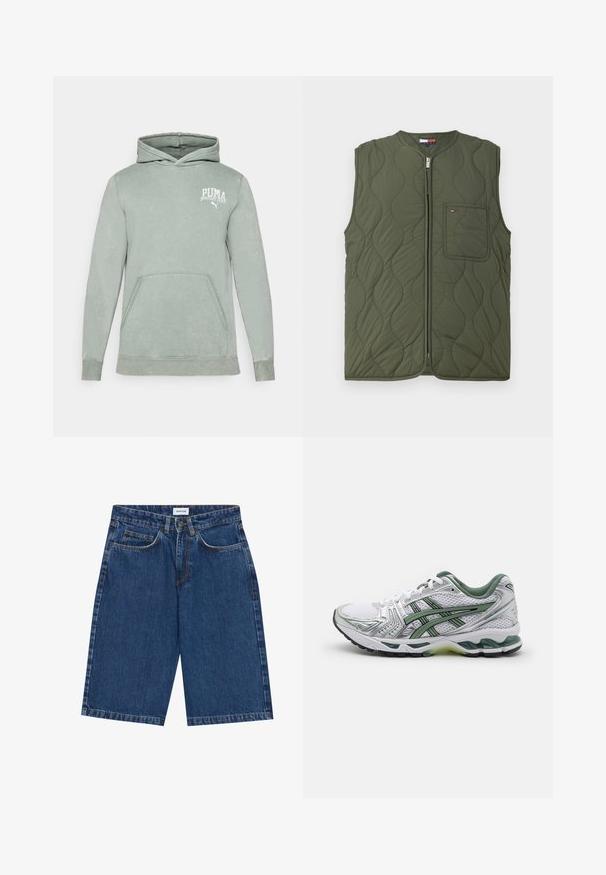Zeleni prsluk sa kvadratnim uzorkom, visokim okovratnikom i prednjim patentnim zatvaračem. Ima jedan džep na grudima i glatku teksturu.; Svijetlozeleni dukserica od mekog materijala, s kengurskim džepom, kapuljačom s vezicom i bijelim PUMA logom na prsima.; Traperice kratke hlače u tamnoplavoj boji, s dizajnom od pet džepova, ravnog kroja i vidljivim detaljima šivanja. Glatka tekstura i srednje visoki struk.; Bijela trkačka cipela s srebrnim detaljima, zelenim mrežastim ovratnikom i zelenim prugama. Ima teksturirani mrežasti gornji dio i podstavljeni potplat.