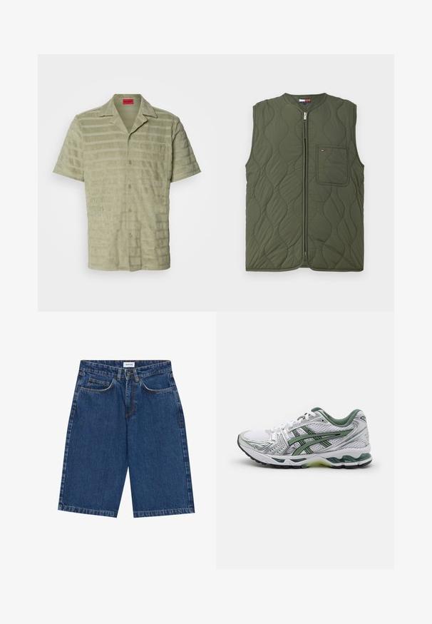 Gilet verde trapuntato con colletto alto e zip frontale. Presenta una tasca sul petto e una superficie liscia.; Camicia a maniche corte di colore verde chiaro, in tessuto strutturato con righe orizzontali alternate, chiusura con bottoni e una tasca sul petto con dettaglio del logo.; T-shirt bianco a maniche corte in cotone. Presenta un classico collo a giro e una vestibilità comoda con una texture liscia. Senza motivi o dettagli.; Pantaloni corti in denim blu scuro, caratterizzati da un design a cinque tasche, taglio dritto e cuciture a vista. Tessuto liscio e vita media.; Scarpa da corsa bianca con accenti argentati, colletto in rete verde e strisce verdi. Presenta una tomaia in rete testurizzata e suola imbottita.