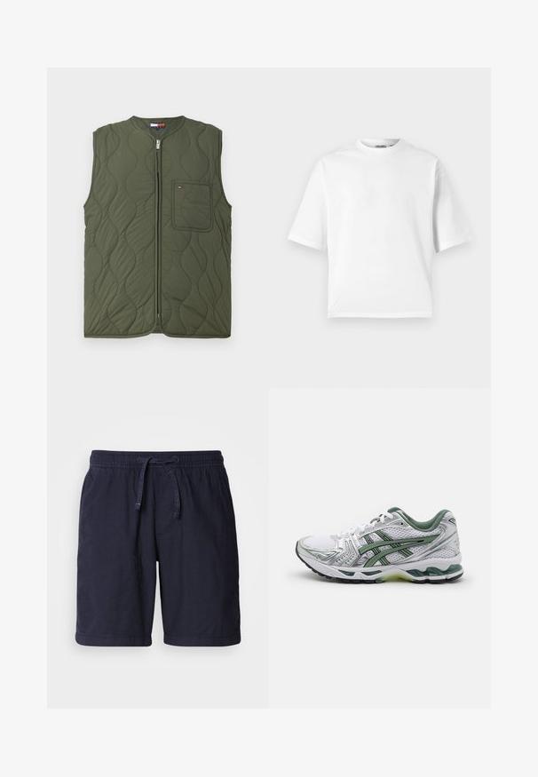 Izšūts zaļš veste ar augstu kakla līniju un priekšējo rāvējslēdzēju. Iespējama viena krūšu kabata un gluda struktūra.; Balta īsām piedurknēm T-kreksa, kas izgatavota no kokvilnas. Iezīmē klasisku apkakli un brīvu piegriezumu ar gludu tekstūru. Nav rakstu vai akcentu.; Tumši zilie šorti izgatavoti no viegla auduma, ar elastīgu jostasvietu un auklu, kā arī sānu kabatām. Ikdienas dizains ar šūto apakšmalu.; Baltas skriešanas apavs ar sudraba akcentiem, zaļu sieta apkakli un zaļām svītrām. Iezīmēts ar teksturētu sieta augšdaļu un mīkstu zoli.