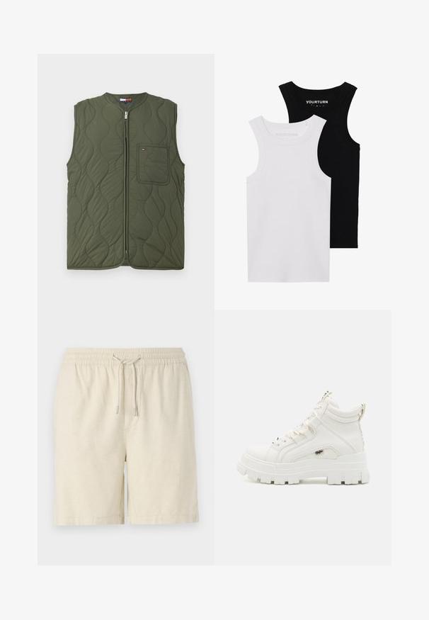 Gilet matelassé vert avec un col montant et une fermeture éclair à l'avant. Il dispose d'une seule poche poitrine et d'une texture lisse.; Deux débardeurs ajustés en noir et blanc. Fabriqués en coton côtelé, ils disposent de larges bretelles et d'un col arrondi. Marque sur le col.; Shorts beige clair en tissu texturé. Dotés d'une taille élastique avec cordon de serrage et de poches latérales. Coupe classique et design décontracté.; Baskets blanches montantes à la cheville avec une finition texturée, semelle en caoutchouc épaisse et col rembourré. Elles présentent un design à lacets et un accent de logo.