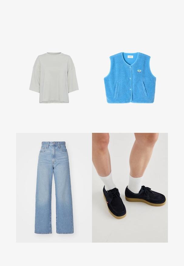 Mėlynas fliso liemenė su minkštu, tekstūruotu paviršiumi, suapvalintu apykakliu, užsegimais ant spaudžių ir dviem priekinėmis kišenėmis. Yra mažas logotipas.; Šviesiai pilkas, trumpomis rankovėmis viršus, pagamintas iš minkštos medžiagos. Yra apvalus kaklo iškirpimas ir subtilūs siūlės akcentai priekyje. Reguliari iškirpimo forma.; Šviesiai mėlynos aukšto liemens plačios kojos džinsai su priekiniais užtrauktukais ir sagom, priekinėmis ir galinėmis kišenėmis, ant baltos fono.; Tamsiai mėlynos zomšinės bateliai su apvalia nosimi, su raišteliais ir kreminės spalvos guminiu padu. Suderinti su baltais dryžuotais kojinėmis.