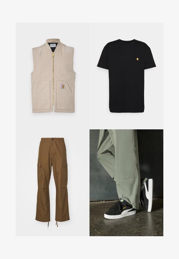 Beige Weste mit hohem Kragen, durchgehendem Reißverschluss, zwei großen Taschen und einem kleinen Logopatch auf der linken Seite. Aus strapazierfähigem Stoff gefertigt.; Schwarzes Baumwoll-T-Shirt mit kurzen Ärmeln, Rundhalsausschnitt und einem kleinen gelben Logo im linken Brustbereich. Einfaches Design und normale Passform.; Braune Cargo-Hosen aus strukturiertem Stoff, mit geradem Bein, seitlichen Taschen und verstellbaren Beinschlaufen.; Schwarze Wildleder-Sneaker mit weißen Gummisohlen und seitlichen Streifen, kombiniert mit hellgrünen Cargo-Hosen, stehen auf einer strukturierten dunklen Oberfläche.