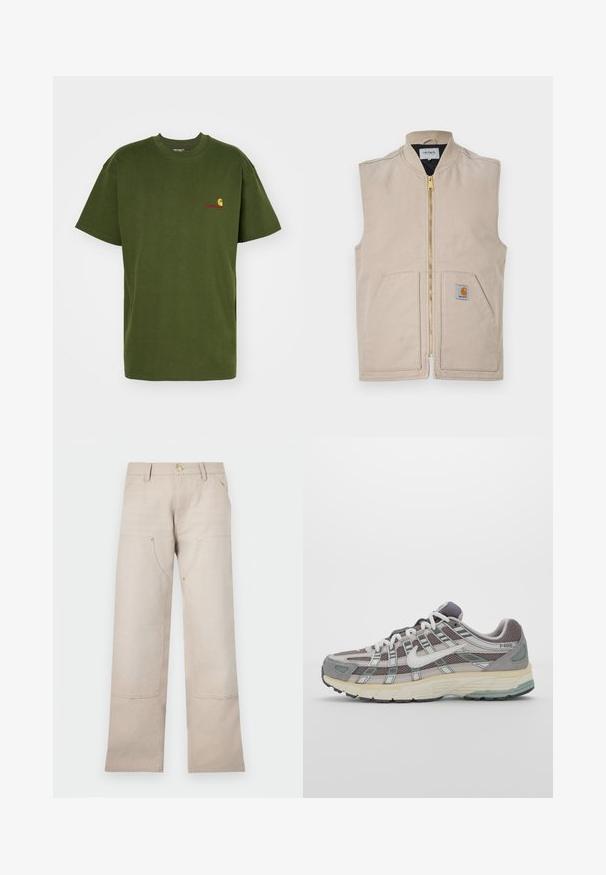 Beige vest met een hoge kraag, sluiting met een rits aan de voorkant, twee grote zakken en een klein logopatch aan de linkerkant. Gemaakt van duurzaam materiaal.; Carhartt WIP AMERICAN SCRIPT - T-shirt basic - tarragon; Beige katoenen broek met een recht gesneden ontwerp, voorzien van twee voorkezen en twee ritssluitingen. Goudkleurige accenten benadrukken het geheel.; Grijze sportieve schoen met een bovenwerk van mesh en suede, witte accenten, een gevoerde zool en een onderscheidend ontwerp met reflecterende elementen.