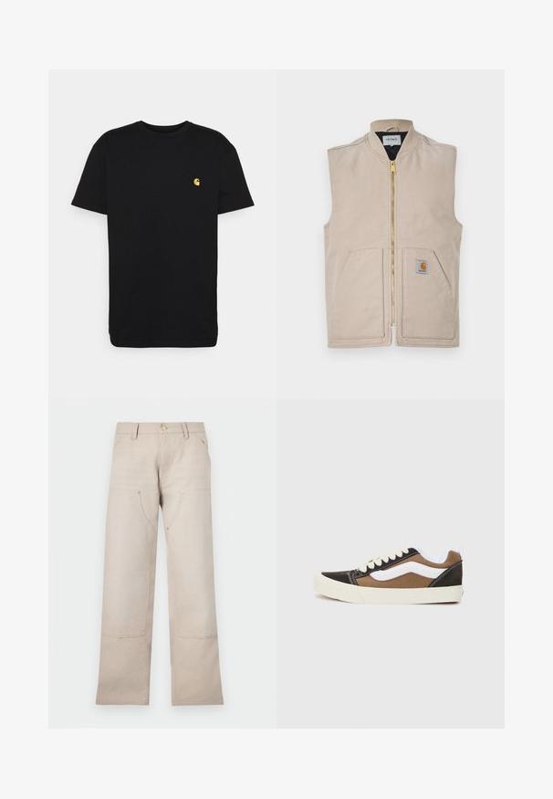 Chaleco beige con cuello alto, cierre de cremallera frontal, dos grandes bolsillos y un pequeño parche de logo en el lado izquierdo. Hecho de tela resistente.; Camiseta de algodón negra con mangas cortas, cuello redondo y un pequeño logo amarillo en el área del pecho izquierdo. Diseño simple y ajuste regular.; Pantalones de algodón beige con un diseño de pierna recta, que cuentan con dos bolsillos frontales y dos detalles con cremallera. Destacados herrajes en tono dorado.; Zapatillas negras y marrones con acentos blancos, de material de lona, diseño de bajo corte, puntera redonda y suela de goma beige. Presentan costuras contrastantes.