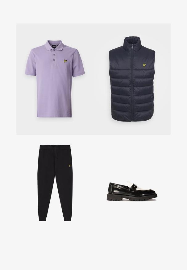 Tumes sinine polsterdatud vest kõrge kaelusega, esipaneelil lukuga ja horisontaalsete õmblustega. Vasakul rinnal on väike kollane logo.; Helelihvärvi polo särk kolme nupuga, lühikeste varrukatega ja rinna peal tikitud kollane logo. Pehme puuvillane kangas.; Mustad jooksupüksid elastse vöökohaga ja nööriga, kitsenevate sääreosadega, millel on mansetid, ning väike kollane tikitud logo paremal reiel.; Mustad nahklaagid mustast patendinahast valge nahkaktsentiga, paks mustast kummist tallaga ja õmblusteadlusega. Sile tekstuur sädelevate detailidega.