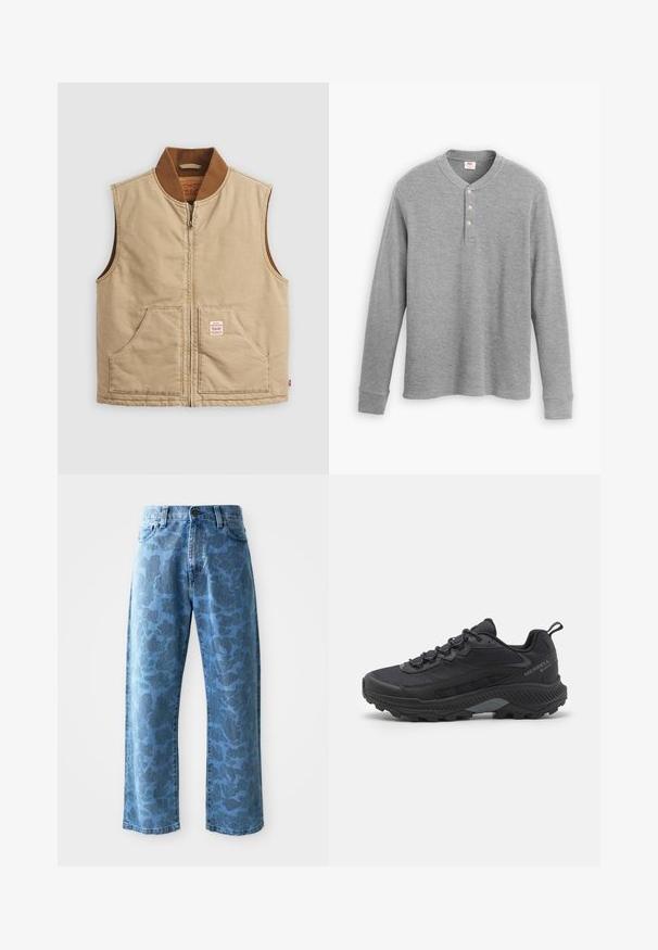 Beige ärmellose Zip-Weste mit braunem Rippkragen und zwei Fronttaschen, mit einem kleinen Patch-Label auf der rechten Tasche.; Graues Langarm-Henley-Shirt aus geripptem Stoff, mit einer Knopfleiste mit drei Knöpfen und einem runden Ausschnitt in leicht taillierter Form.; Helle blaue Jeans aus Denim mit einem dezenten, tonalen Blumenmuster, weit geschnitten, fünf Taschen, und einem Knopfverschluss am Bund.; Schwarzer Trailrunning-Schuh mit strukturiertem Mesh-Obermaterial, verstärkter Gummi-Zehenkappe und robustem Profil. Reflektierende Akzente und unterstützendes Fersen-Design.