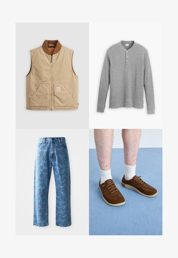 Gilet sans manches couleur beige avec col côtelé marron et deux poches avant, présentant une petite étiquette en patch sur la poche droite.; Chemise henley grise à manches longues en tissu côtelé, dotée d'une patte de boutonnage à trois boutons et d'un col rond avec une coupe légèrement ajustée.; Jean en denim bleu clair avec un motif floral ton sur ton subtil, coupe large, design à cinq poches et fermeture à bouton à la taille.; Baskets marron en daim et en cuir, dotées d'une semelle en caoutchouc, d'une forme arrondie et de six œillets avec des lacets marron assortis.