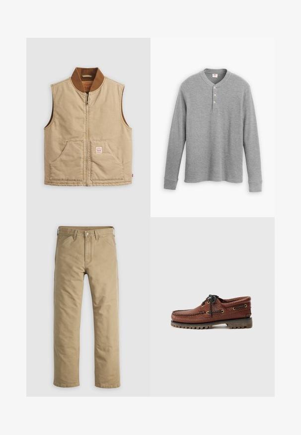 Beige ujjatlan cipzáras mellény barna bordás gallérral és két elülső zsebbel, a jobb zseben egy kis folt címkével.; Szürke, hosszú ujjú henley póló bordás anyagból, három gombos nyakkivágással és enyhén testhez simuló fazonnal.; Khaki pamut nadrág egyenes szárú kialakítással, elülső zsebekkel és gombos záródással. Simaságú anyag és megerősített varratok a tartósság érdekében.; Barna bőr csónakcipő texturált felsőrésszel, fekete fűzővel és arany fémlyukakkal. Tartós, bordázott gumitalppal rendelkezik.