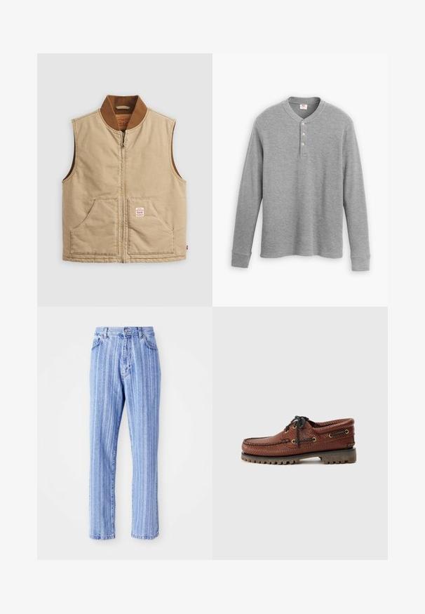 Beeži varrukateta tõmblukkvest, millel on pruun soonik ja kaks esist koti, paremal kotil on väike plaastriteip.; Hall sukapaelaga hall iheus, mis on valmistatud soonikust kangast, millel on kolme nupuga mansett ja veidi eest kitsenev ümar kaelus.; Heledad sinised teksad, millel on vertikaalsed valged triibud, sirge lõikega, viie-tasku stiilis ja nööbiga sulgemine vöökohtades.; Pruun nahkpaadi king, millel on tekstureeritud ülemine osa, must nööpides sulgemine ja kuldsed silmad. Omab vastupidavat, soonilist kummist tallat.